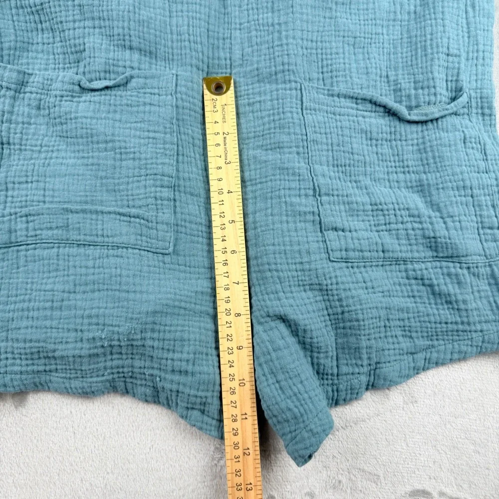 Women's Small Teal Blue Cotton Gauze Romper Tie Shoulder Pocket Jumpsuit